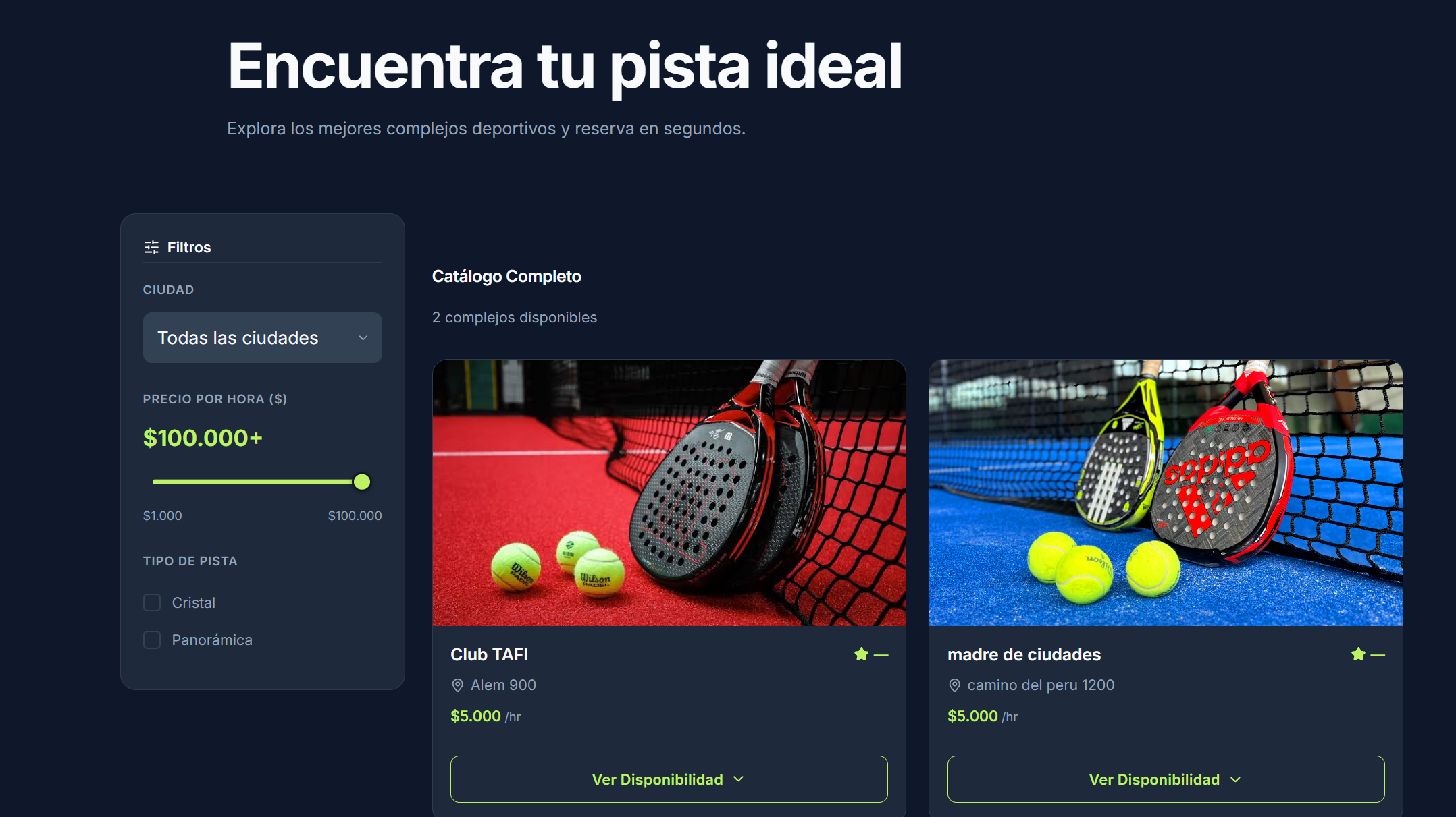 Catálogo de canchas de PadelTime